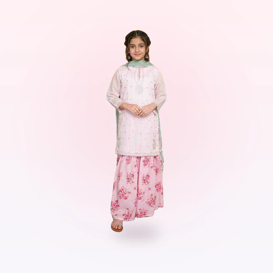 Embroidered Shirt With Printed Gharara And Dupatta. (EFW-10)